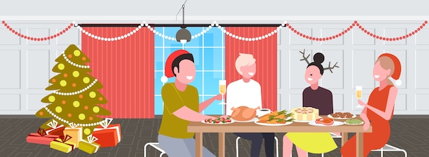 Vrienden zitten aan tafel met kerstdiner merry xmas winter vakantie viering concept moderne woonkamer interieur portret horizontale vector illustratie