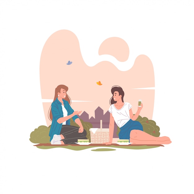 Vriendinnen die picknick in de illustratie van het de zomerpark hebben.