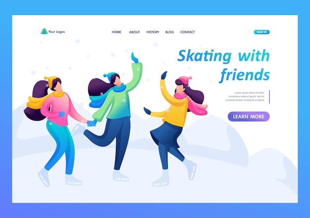 Vriendinnen skate veel plezier verheugen lachen vriendschap flat 2d karakter landing page concepten en webdesign