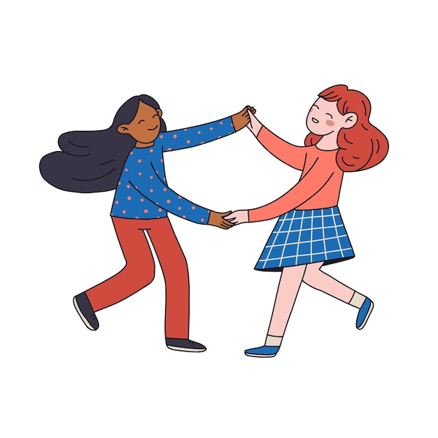 Vriendschapsmeisjes met de hand getekende vlakke afbeelding met lachende en dansende meisjes