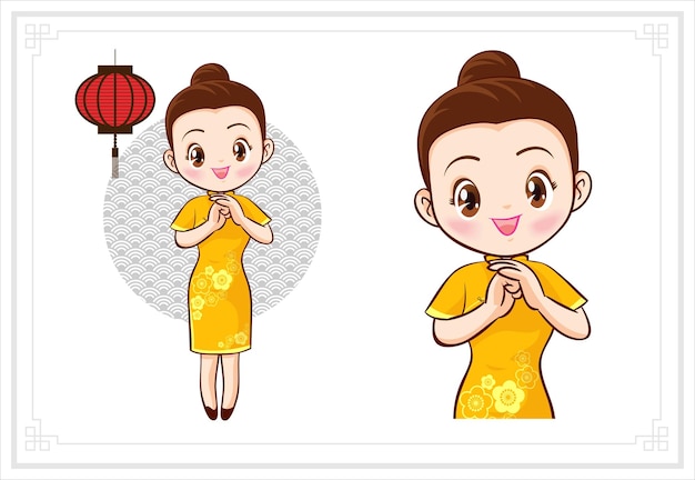 Vector vrij chinees meisje in mandarijntoga met chinees nieuw jaarfestival