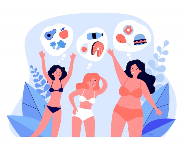 Vrij jonge vrouwen in bikini met verschillende voeding