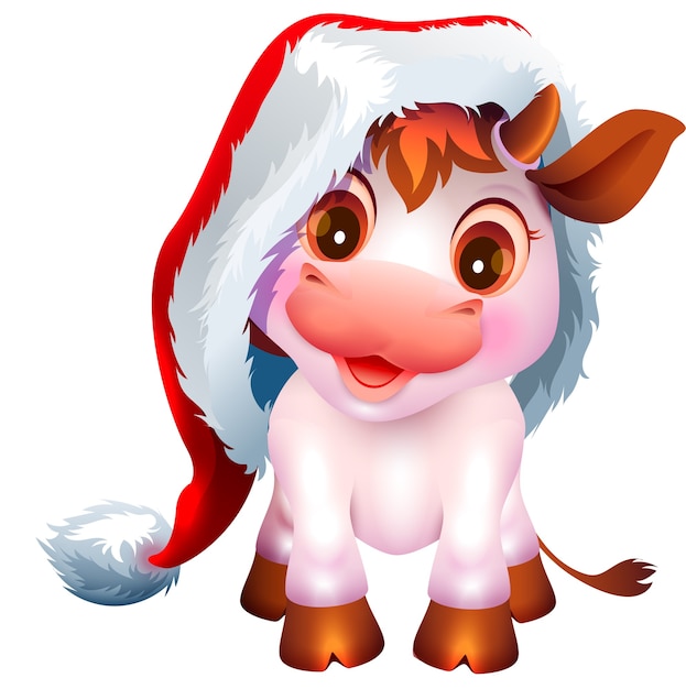 Vrij wit koeienkalfsymbool van het nieuwe jaar 2021. Leuke babystier in Kerstmanhoed. Geïsoleerd op wit cartoon afbeelding