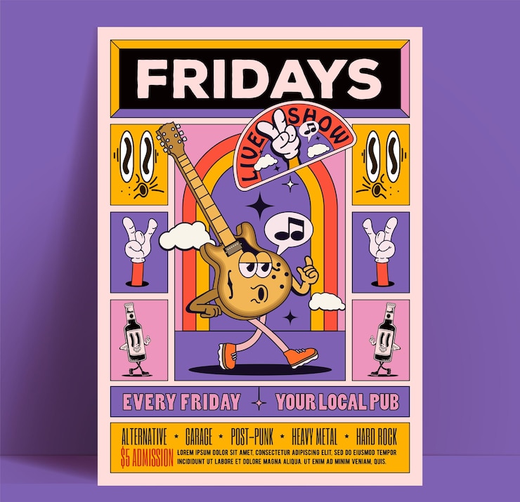 Vector vrijdag live muziek feestshow of concert poster of flyer ontwerpsjabloon met wandelende cartoon gitaar