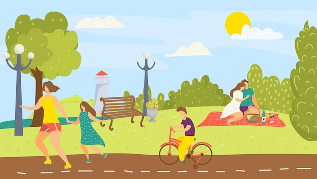 Vrije tijd in het natuurpark zomer landschap met boom vector illustratie man vrouw mensen karakter