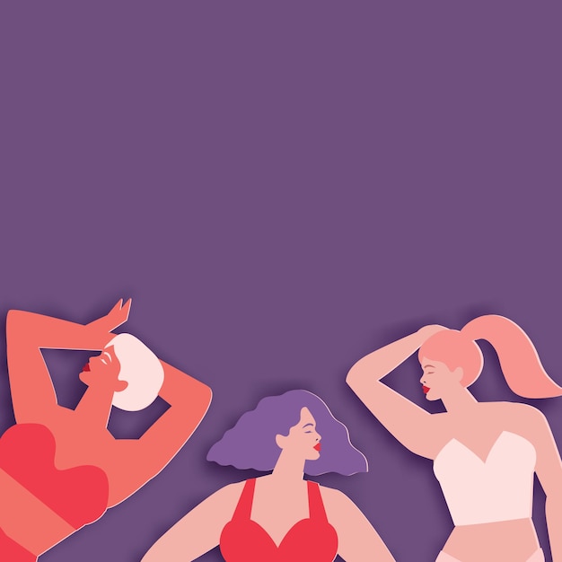 Vector vrije vrouwen van verschillende culturen dansen of staan samen. vrouwen vriendschap. fijne vrouwendag. moederdag. venera, venus vrouwelijke papier gesneden stijl. lichaam positief. purper. veri pery.