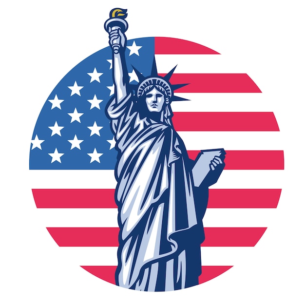 Vrijheidsstandbeeld met de vlagachtergrond van Verenigde Staten
