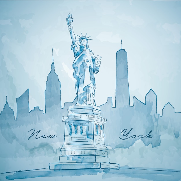 Vrijheidsstandbeeld met new york-het silhouet van de de bouwstad