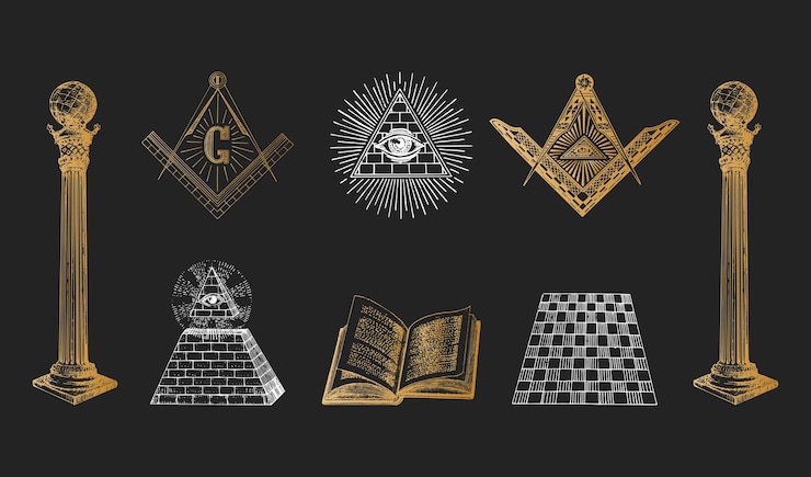 Vrijmetselarij symbolen set van vectorillustraties in gravure stijl Vintage pastiche van Eye of Providence pijlers van Boaz en Jachin Square en kompassen schetsen van occulte mystieke symboliek