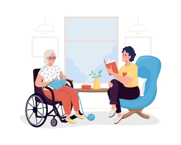 Vrijwilliger in verpleeghuis 2D vector geïsoleerde illustratie. Meisje voorgelezen aan oma. Oudere en jongere vrouw zitten samen binnenshuis platte karakters op cartoon achtergrond. Liefdadigheidswerk kleurrijke scène