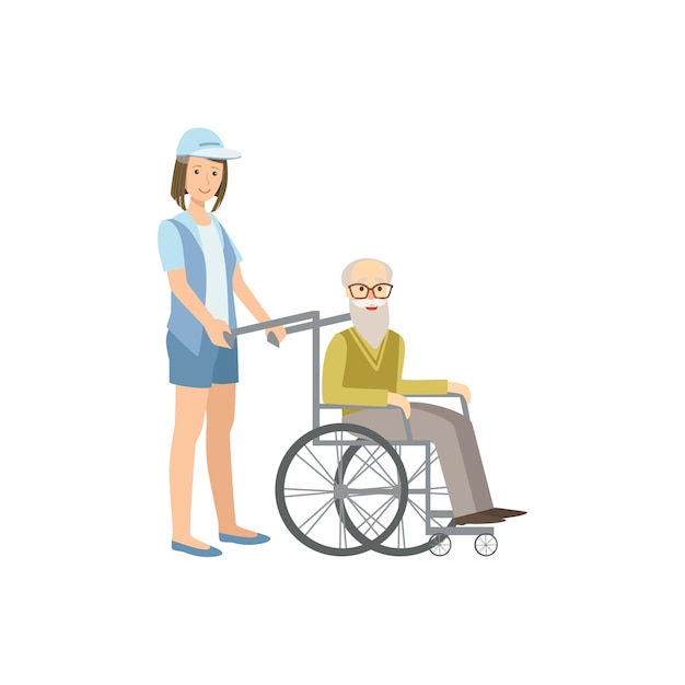 Vrijwilliger rolt oude man in rolstoel