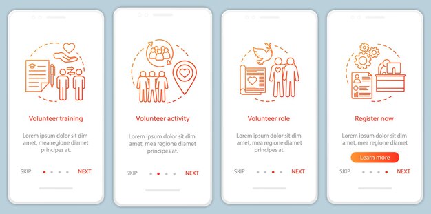 Vrijwilliger wordt onboarding-paginascherm voor mobiele apps met lineaire concepten. Humanitaire hulp. Vrijwilligerswerk walkthrough stappen grafische instructies. UX, UI, GUI vectorsjabloon met illustraties