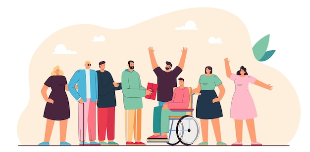 Vrijwilligers geven cadeautjes aan gehandicapte personen. Mensen helpen man in rolstoel en blinde vlakke afbeelding. Gezondheidszorg, vrijwilligerswerk concept