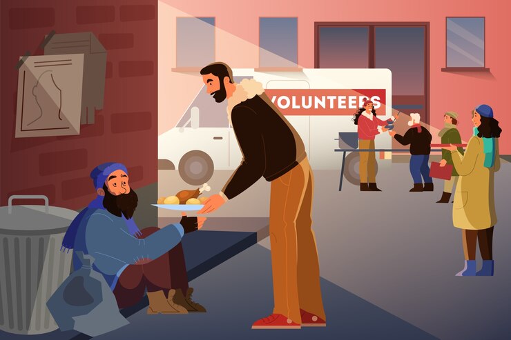 Vector vrijwilligers helpen mensen idee. liefdadigheidsgemeenschap ondersteunt daklozen, doneert kleding, geeft eten. idee van zorg en menselijkheid. illustratie