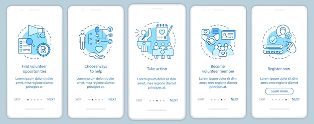 Vrijwilligers vinden het onboarding-paginascherm van de mobiele app met lineaire concepten. Humanitaire hulp. Vrijwilligersprogramma walkthrough stappen grafische instructies. UX, UI, GUI vectorsjabloon met illustraties