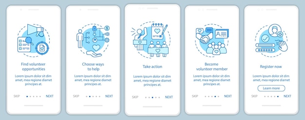 Vrijwilligers vinden het onboarding-paginascherm van de mobiele app met lineaire concepten. Humanitaire hulp. Vrijwilligersprogramma walkthrough stappen grafische instructies. UX, UI, GUI vectorsjabloon met illustraties