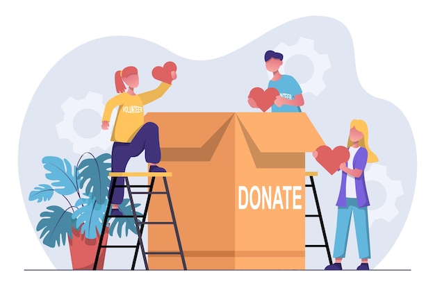 Vector vrijwilligerswerk een vrijwilligersorganisatie zamelt humanitaire hulp in vrijwilligers steken hartjes in een doos