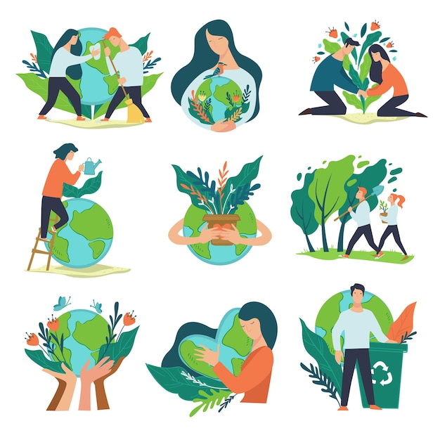 Vector vrijwilligerswerk en de planeet schoon houden tekens en spandoeken die oproepen om voor de aarde te zorgen en haar te redden behoud van natuur en hulpbronnen recycling en bescherming van flora vector in vlakke stijl
