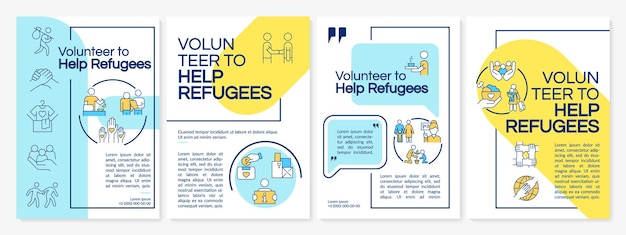 Vector vrijwilligerswerk om vluchtelingen blauwe en gele brochuresjabloon te helpen