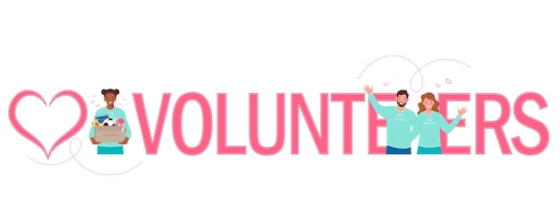 Vector vrijwilligerswerk tekstbanner in vlakke stijl met gelukkige vrijwilligers die donaties vectorillustratie verzamelen