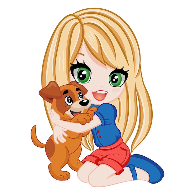 Vrolijk Chibi-meisje met een hond