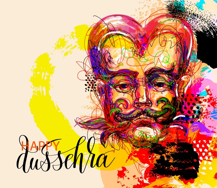 Vrolijk dussehra posterontwerp met een portret van een demon die vernietigd zal worden door