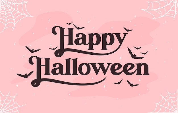 Vector vrolijk halloween met zwarte vleermuizen en witte spinnenwebben op schattige roze halloween-achtergrond