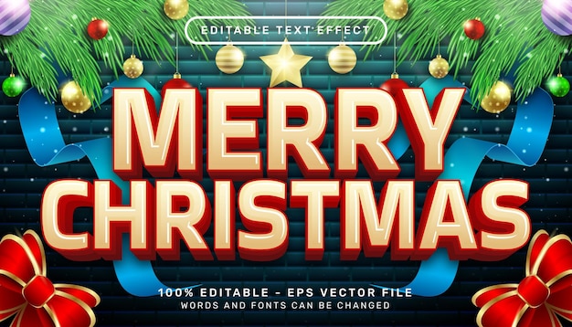 vrolijk kerst 3D-teksteffect en bewerkbaar teksteffect met kerstachtergrond
