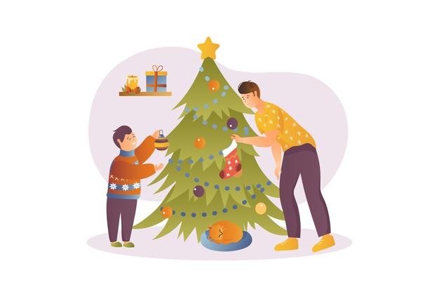 Vrolijk kerstconcept met mensenscène in het platte cartoonontwerp Vader en zoon bereiden zich voor