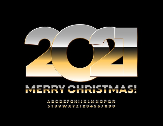 Vrolijk kerstfeest 2021. glanzend metalen lettertype. gouden alfabetletters en cijfers ingesteld