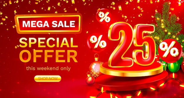 Vrolijk kerstfeest 25 procent korting op creatieve samenstelling Verkoopbanner en poster Vector