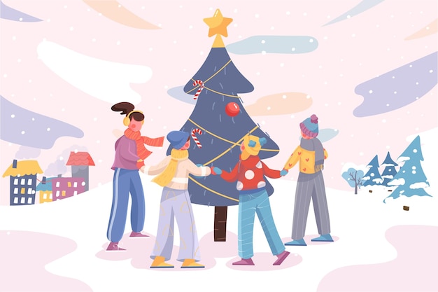 Vrolijk kerstfeest banner kinderen dansen rond versierde vakantie boom op winter stadspark achtergrond...
