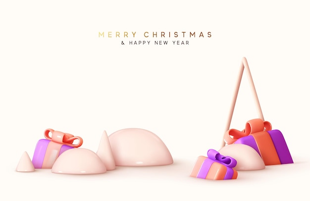 Vrolijk kerstfeest en een gelukkig nieuwjaar. Realistisch 3D-ontwerp, sneeuwballen in het winterlandschap, sneeuwafwijkingen, geschenkdozen, abstracte kegelbomen. Kerstvakantie banner, reclame webposter. Vector illustratie