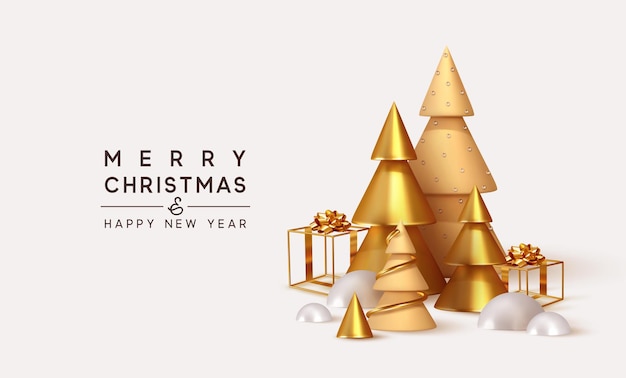 Vrolijk kerstfeest en een gelukkig nieuwjaar. Samenstelling van gouden metallic dennen, sparren. Witte sneeuwafwijking. Kerstboom in de vorm van een kegel. Xmas achtergrond, realistische 3D geschenkdoos ontwerp. Vector illustratie