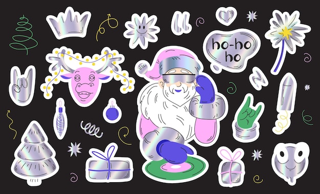 Vector vrolijk kerstfeest en gelukkig nieuwjaar holografische stickers kerstboom dj kerstman hert met krans