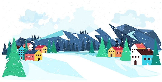 Vector vrolijk kerstfeest gelukkig nieuwjaar winter vakantie viering concept groet landschap achtergrond horizontale illustratie