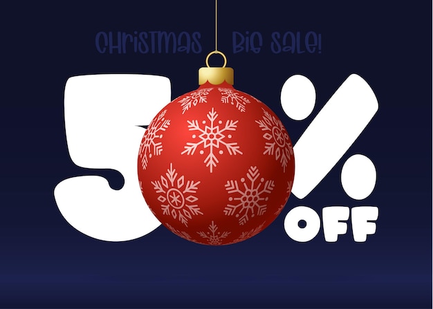 Vrolijk kerstfeest grote verkoopbanner. christmas sale 50 procent korting op sjabloon voor spandoek met versierde bal hangen aan een draad. gelukkig nieuwjaar en kerstmis vectorillustratie