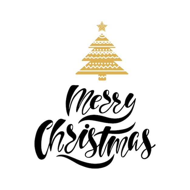 Vrolijk kerstfeest. hand getekende kalligrafie tekst. vakantie typografie design met kerstboom. zwart en goud kerst wenskaart.