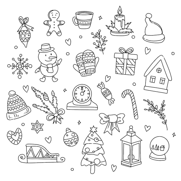 vrolijk kerstfeest hand getrokken doodle illustraties vector set