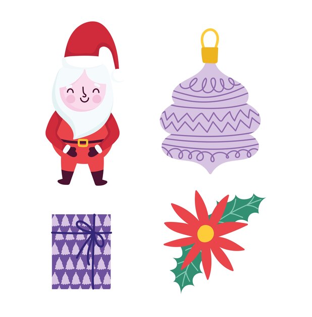 Vrolijk kerstfeest, kerstman bal cadeau en bloem, decoratie viering kaart voor groet illustratie