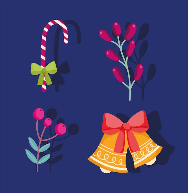 Vrolijk kerstfeest, klokken candy cane branch holly berry iconen vector illustratie