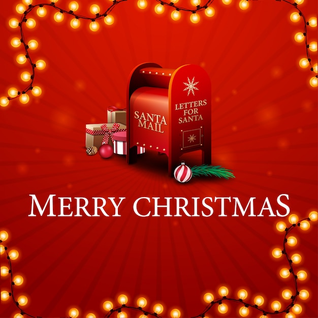 Vrolijk kerstfeest, rode wenskaart met santa brievenbus met cadeautjes