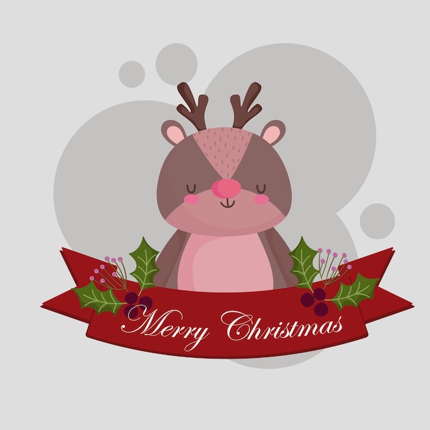 Vrolijk kerstfeest, schattig rendier dierlijk lint holly berry kaart illustratie