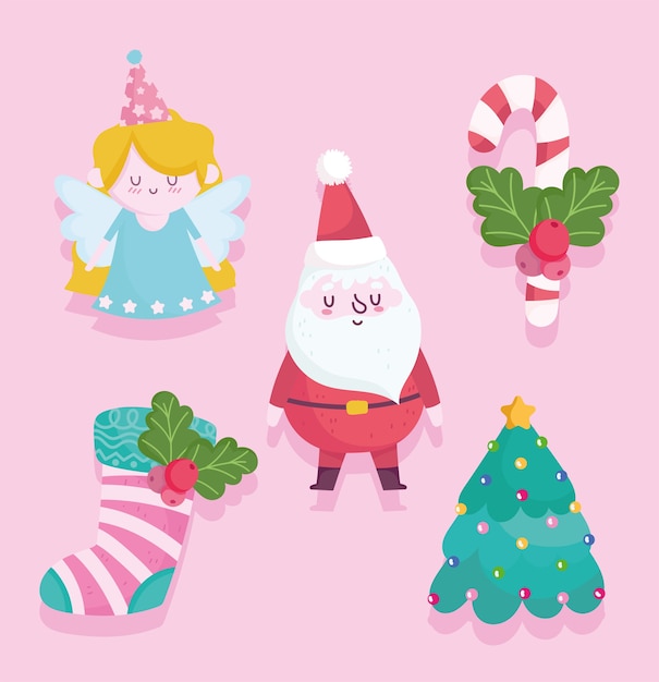 Vrolijk kerstfeest, schattige kerstman engel boom sok en candy cane cartoon afbeelding