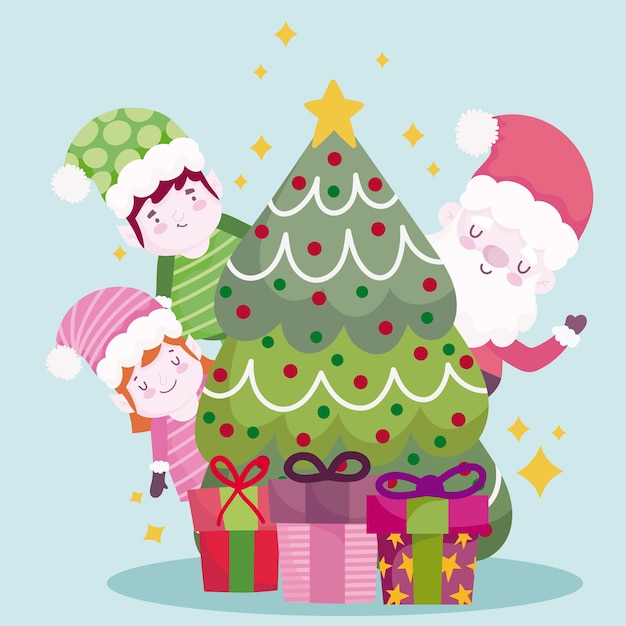 Vrolijk kerstfeest, schattige kerstman helpers boom en geschenken illustratie