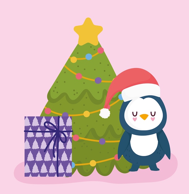 Vrolijk kerstfeest, schattige pinguïn met hoed boom en cadeau viering kaart vectorillustratie