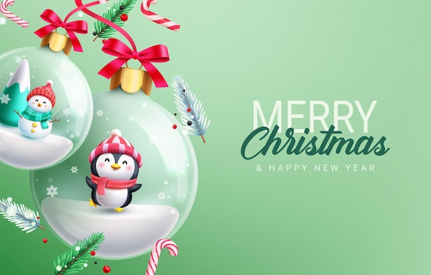 Vrolijk kerstfeest tekst vectorontwerp Kerst sneeuwman en pinguïn personages in kristallen bollen