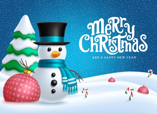 Vrolijk kerstfeest tekst vectorontwerp kerst sneeuwman personage met xmas ballen en dennenboom