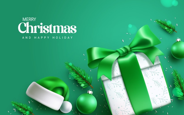 Vrolijk kerstfeest tekst vectorontwerp kerstcadeau doos kerstman hoed xmas ballen en sparren in groen