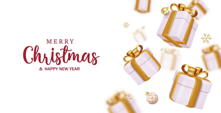 Vector vrolijk kerstfeest tekst vectorontwerp kerstmis en gelukkig nieuwjaar in witte elegante ruimte met geschenken